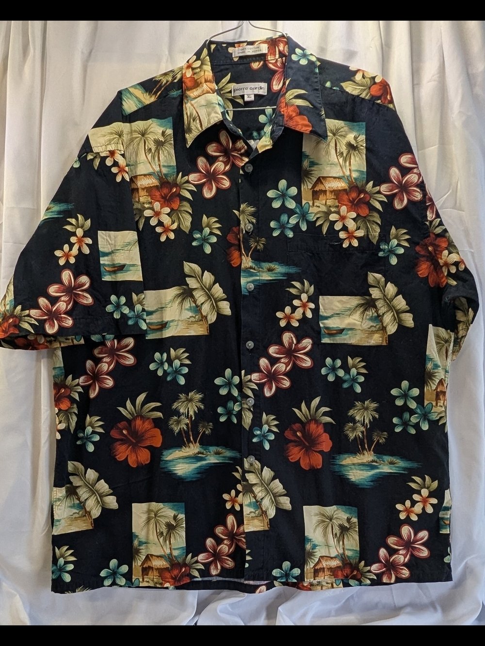 Pierre Cardin Black  Tropical Floral Print Hawaiian Shirt Size XL